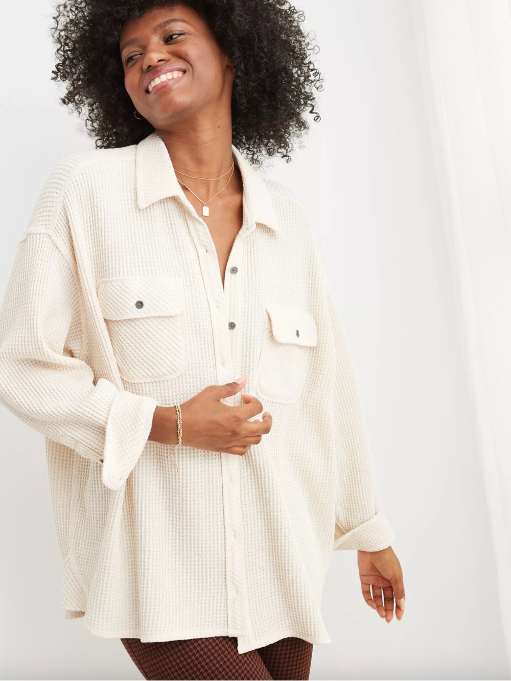 Aerie LumberJane Waffle Shirt Heather Frost Oversized